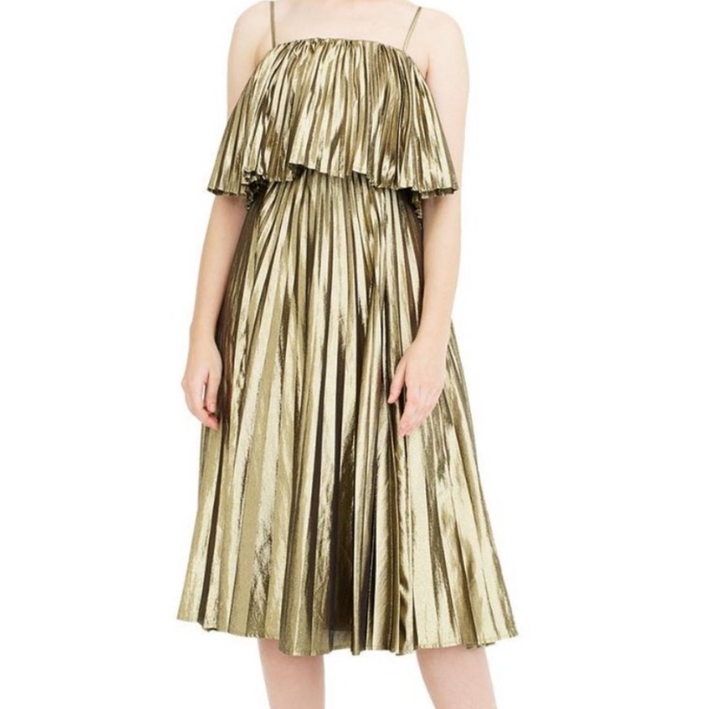 J Crew Gold Metallic Pleated Dress Sz 4